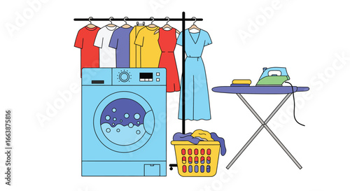 Stylized vibrant laundry room illustration with washing machine and ironing station