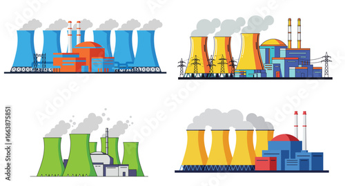Stylized Illustrations of Nuclear Power Plants with Vibrant Cooling Towers