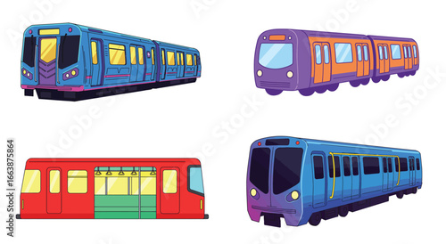 Colorful collection showcasing vibrant subway train designs and various perspective views