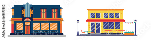 Stylized flat vector illustration of two vibrant restaurant buildings with seating