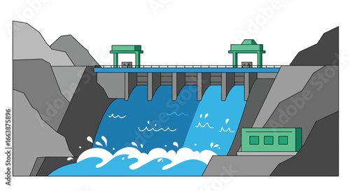 Stylized flat vector illustration of a vibrant hydroelectric dam facility