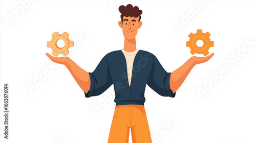 Man Holding Two Gear Icons Illustration