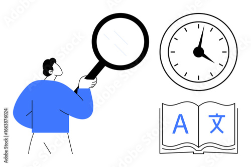 Person examines concepts with magnifying glass near clock and open book with multilingual letters. Ideal for analysis, research, time management, language learning, education, investigation