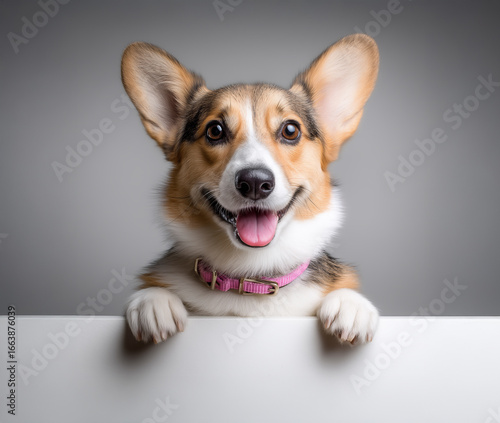Happy Corgi Dog with Pink Collar Looking at Camera