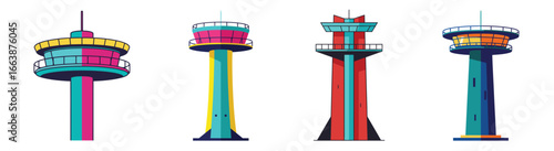 Collection of vividly colored stylized observation towers, vector flat designs