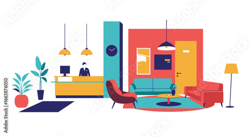 Stylized flat vector illustration of a vibrant hotel lobby and reception area