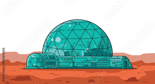 Vibrant stylized vector illustration of a Mars dome habitat on red planet