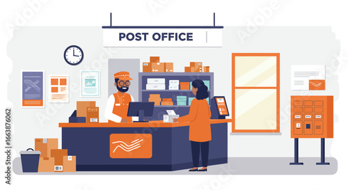 Inside bustling post office illustration with customer at service counter
