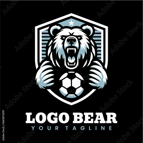 Fierce Bear Sports Logo Featuring a Soccer Ball and Shield Design