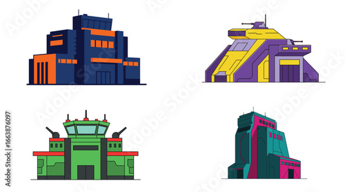 Stylized illustration showcasing futuristic military command buildings in bright hues
