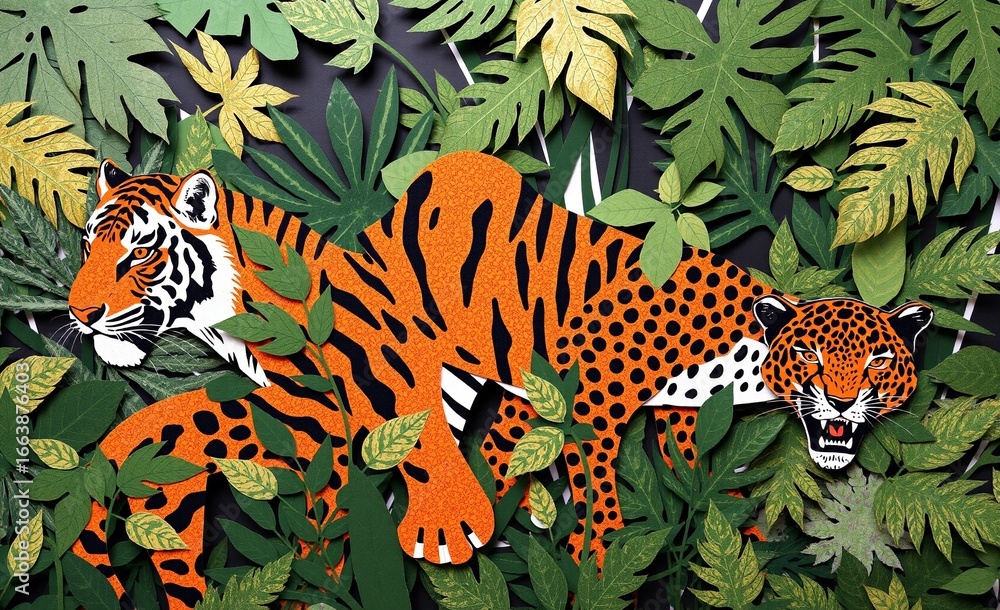 Obraz premium Vibrant papercut scene depicting a striped wild cat and a spotted one resting within dense, lush green jungle foliage.