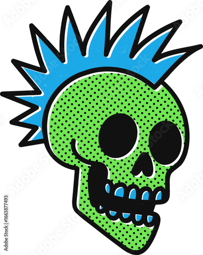 Vector punk skull illustration with green face, blue mohawk spikes, black hollow eyes, and halftone comic style. Bold pop art design perfect for retro, music, or street culture projects.