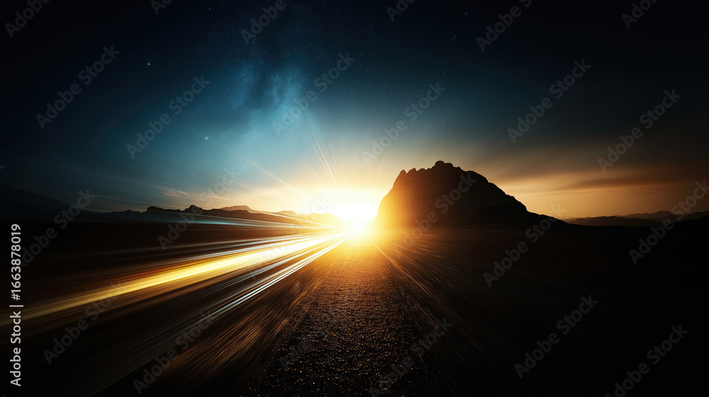 Obraz premium Bright sunrise over mountains with light trails revealing a peaceful landscape