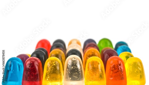 Close-up view of colorful, translucent jelly candies arranged in a diagonal pattern against a plain white background.