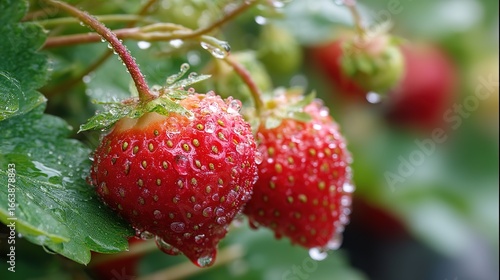 Two fresh red strawberries with water droplets on green leaves and red stems, macro shoot, natural healthy food background, ripe fruit