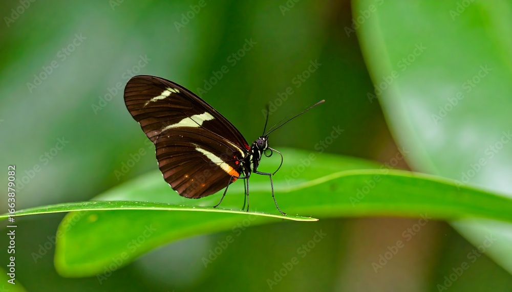 Obraz premium A detailed close-up view of a striking butterfly, with dark brown wings marked by striking white stripes, perched delicately on a vibrant green leaf.