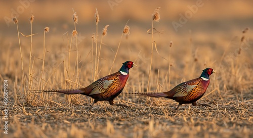 Two Pheasants in Golden Hour Meadow, Majestically Strolling.