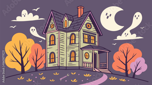 Haunted House with Ghost, Bats and Crescent Moon - Halloween Cartoon Illustration