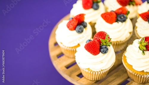 Delicious cupcakes topped with whipped cream and fresh berries, arranged attractively on a wooden stand against a vibrant purple backdrop.