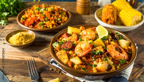 A hearty seafood stew with shrimp, potatoes, and chorizo, served alongside corn on the cob, showcasing a rich, warm, and inviting autumnal palette.