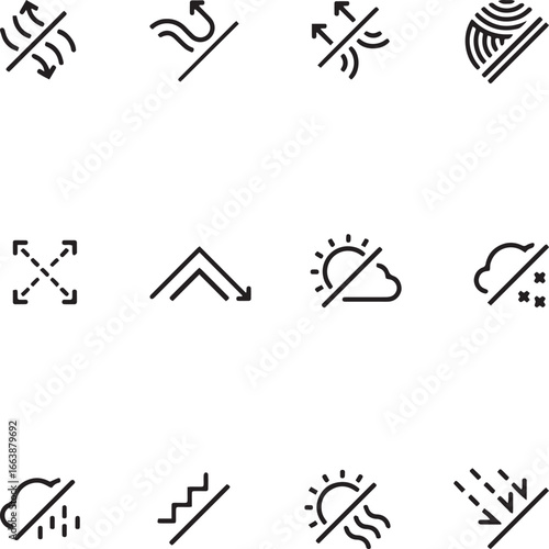 Weather Icons: A collection of minimalist line art weather icons representing various meteorological conditions, ideal for design and informational purposes.