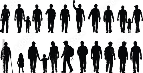 Cad drawing flat vector illustration, walking people silhouettes, adults and children, casual movement, community figures, black icon set