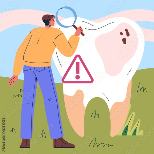 Inspecting Tooth Health, Vector Illustration with Magnifying Glass