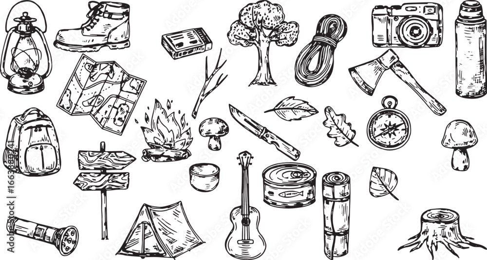 Obraz premium Outdoor Adventure Sketchbook: Detailed monochrome illustration of essential outdoor adventure and camping equipment.