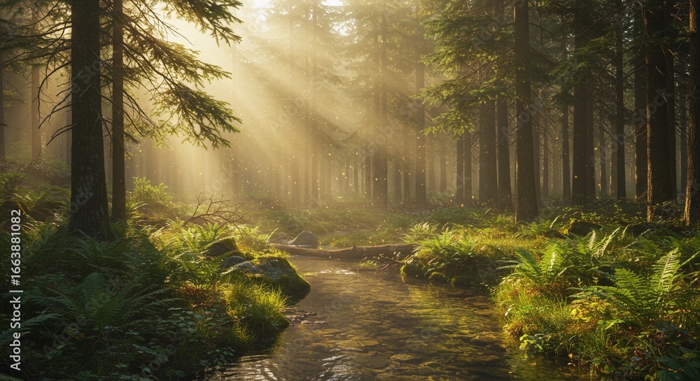 Fototapeta premium Sunbeams Filtering Through Trees in a Lush Forest Stream