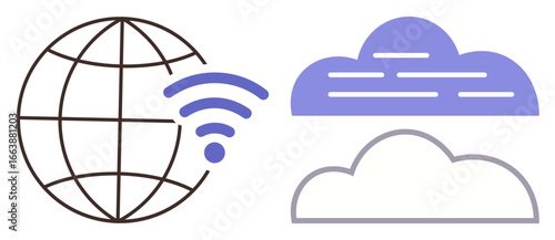 Earth grid with wireless signal beside two clouds symbolizing global connection, cloud storage, and digital technology. Ideal for technology, internet, data management, globalization, communication