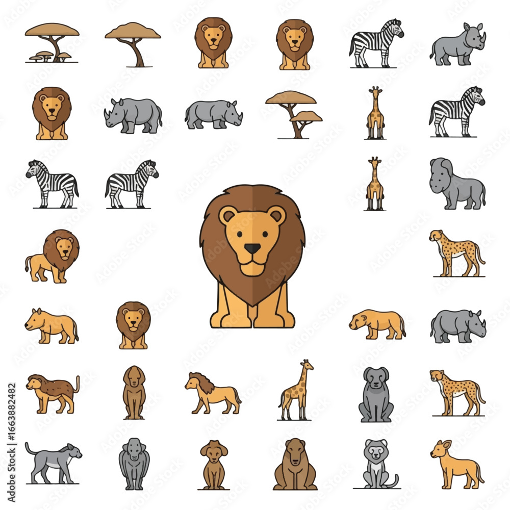 Fototapeta premium African savanna animals illustrated in a simple, linear style; a central lion surrounded by zebras, giraffes, rhinos.