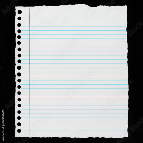 Folha de caderno escolar em branco destacado com pauta e linhas azuis sobre fundo preto