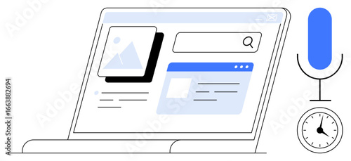 Laptop screen with browser tabs, a search bar, and an image icon. Microphone and clock nearby. Ideal for digital tools, AI, productivity, search engines, voice tech time management simple flat
