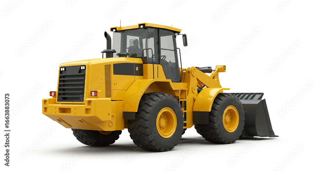 Fototapeta premium A yellow wheel loader with a black bucket isolated on a white background in a studio shot view