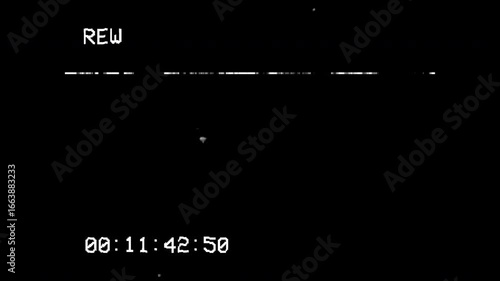 VHS tape rewind with Distorted Signal Glitch. Retro vintage background for modern videos. animation VHS video tape rewind screen on black background. rew VHS with Screen Distortion Noise.