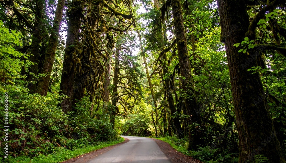 Fototapeta premium Lush green forest road winding through towering trees covered in moss, showcasing a tranquil, natural scene.