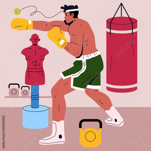 Boxer Training with Equipment in Gym Vector Illustration