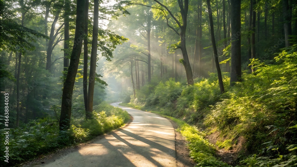Fototapeta premium A winding road cutting through a dense forest with sunlight streaming through trees