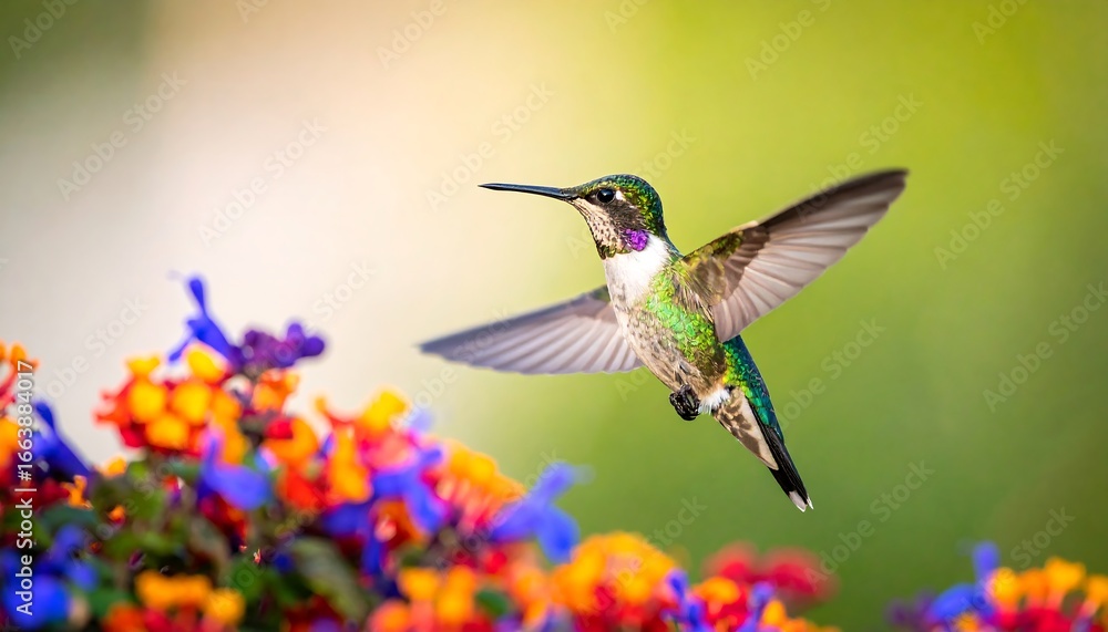 Fototapeta premium A vibrant hummingbird, wings outstretched, soars amongst a cluster of colorful flowers, showcasing a breathtaking display of nature's beauty.