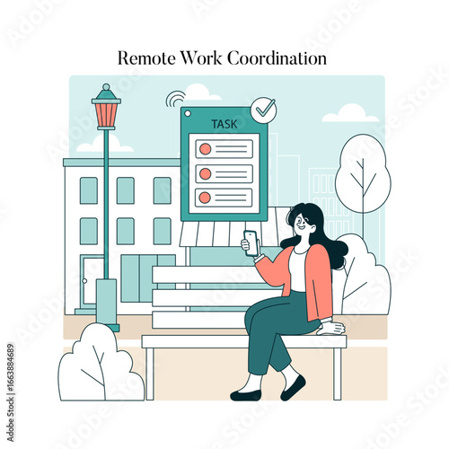 Woman Coordinating Tasks Remotely on Park Bench Illustration