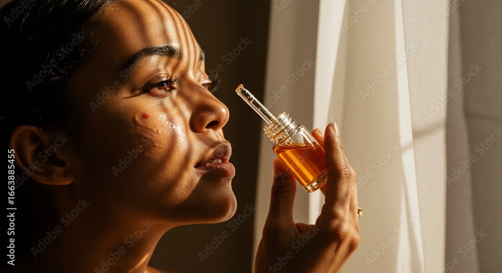 Fototapeta premium A woman holds a skincare serum bottle Light and shadow play across her face She has blemishes