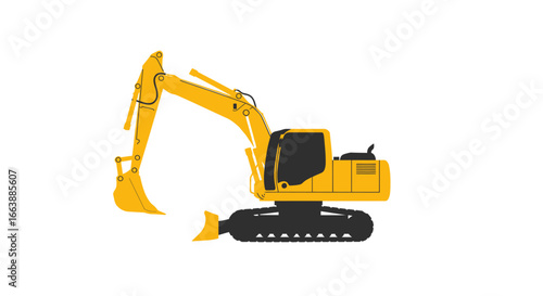 Yellow excavator on a white background, construction equipment, side view, earth moving vehicle