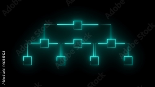 Neon turquoise glowing organizational chart diagram with interconnected squares on a black background