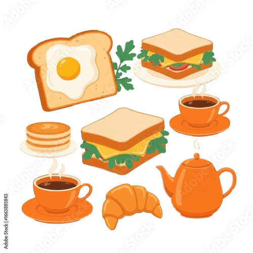 Delicious Breakfast Feast Egg Toast, Sandwiches, Pancakes, Coffee, Tea, Croissant