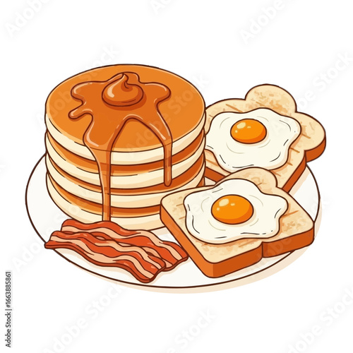 A cartoon illustration of a classic American breakfast platter with pancakes, syrup, fried eggs on toast, and bacon.
