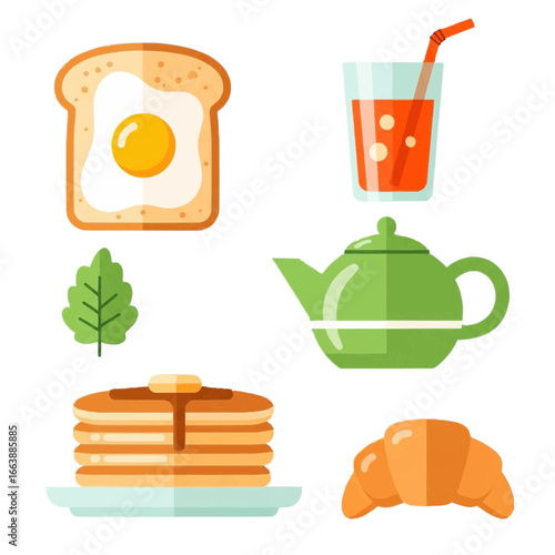 A colorful collection of breakfast food and drink icons including toast, egg, pancakes, croissant, juice, and a teapot.