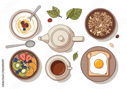 An overhead illustration of a healthy breakfast spread with tea, fruit, yogurt, granola, and toast with egg.