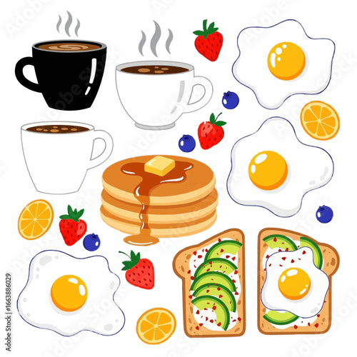 Delicious Breakfast Feast Coffee, Pancakes, Eggs, Toast, Fruits, and Berries, a Colorful Delight
