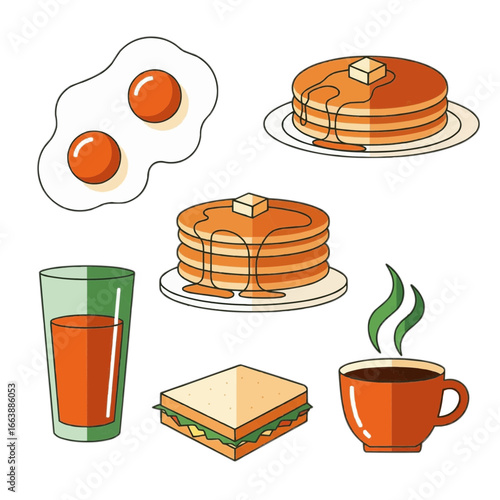 Delicious and healthy breakfast items including fried eggs, pancakes, juice, sandwich, and coffee