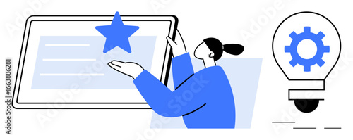 Person engaging with tablet screen displaying a star, symbolizing quality feedback. Adjacent bulb with gear suggests innovation. Ideal for creativity, teamwork, design, technology, education
